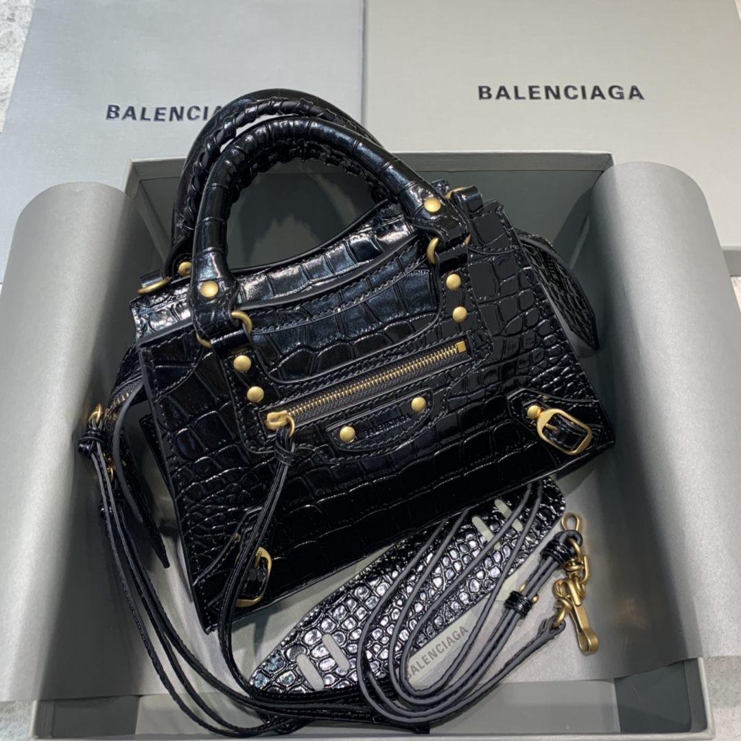 Balenciaga Neo Classic Mini Handbag Crocodile Embossed Shoulder Bag Black/Gold